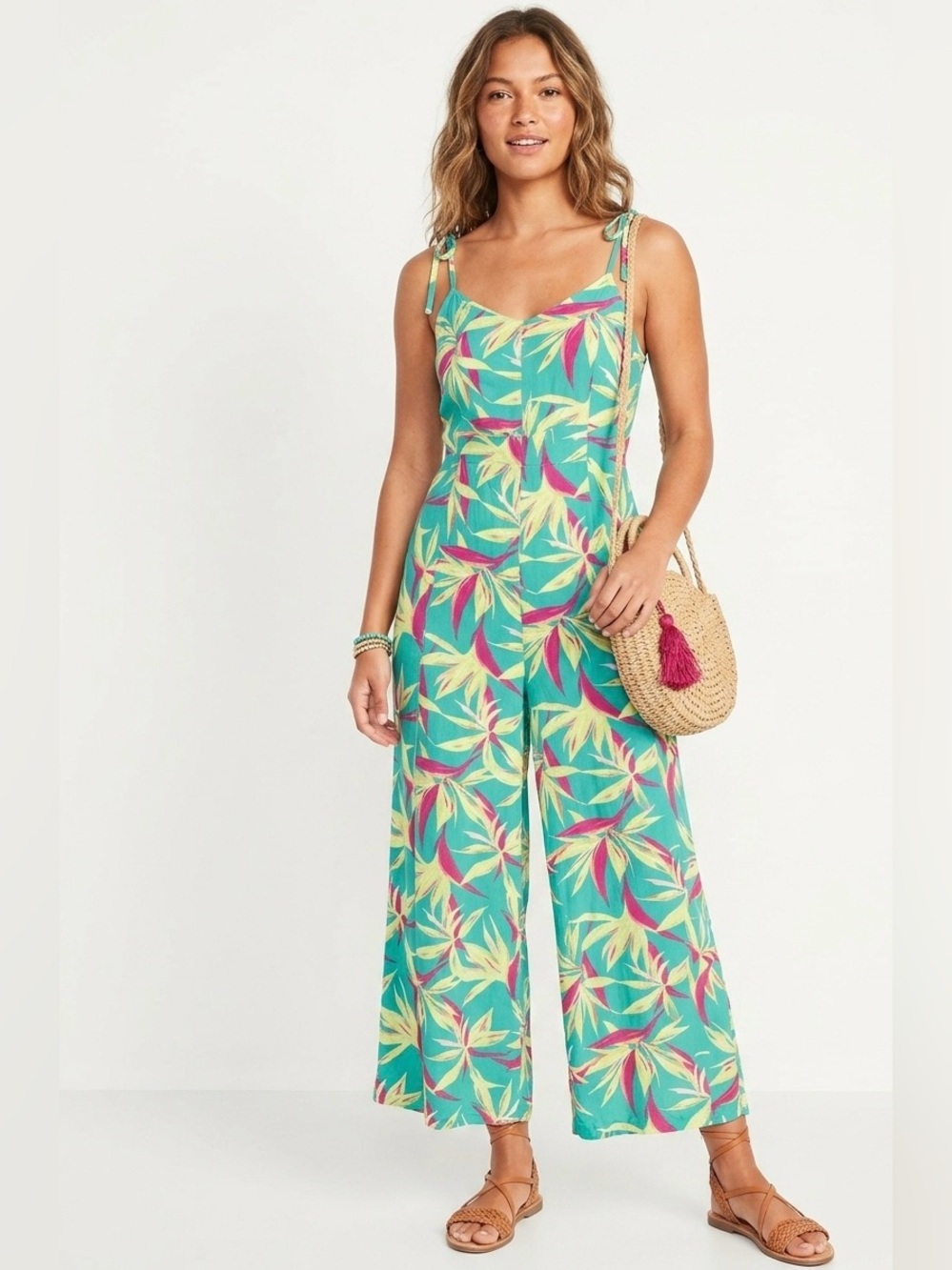 Old Navy $45 Tie-Shoulder V-Neck Cami high rise Wide leg Jumpsuit S tropical